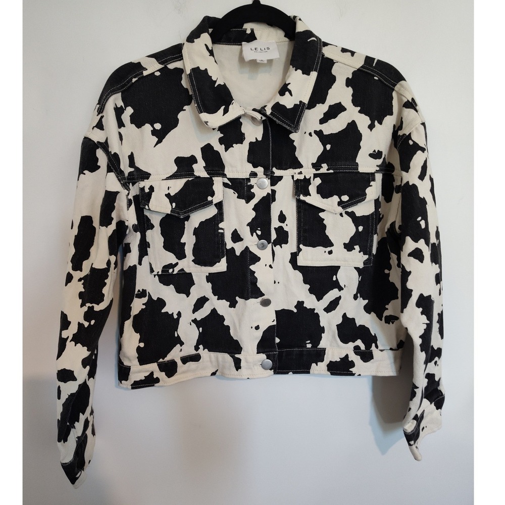 Le Lis Collection Cow Print Denim Jacket Womens Small Black White Cropped MJ3876